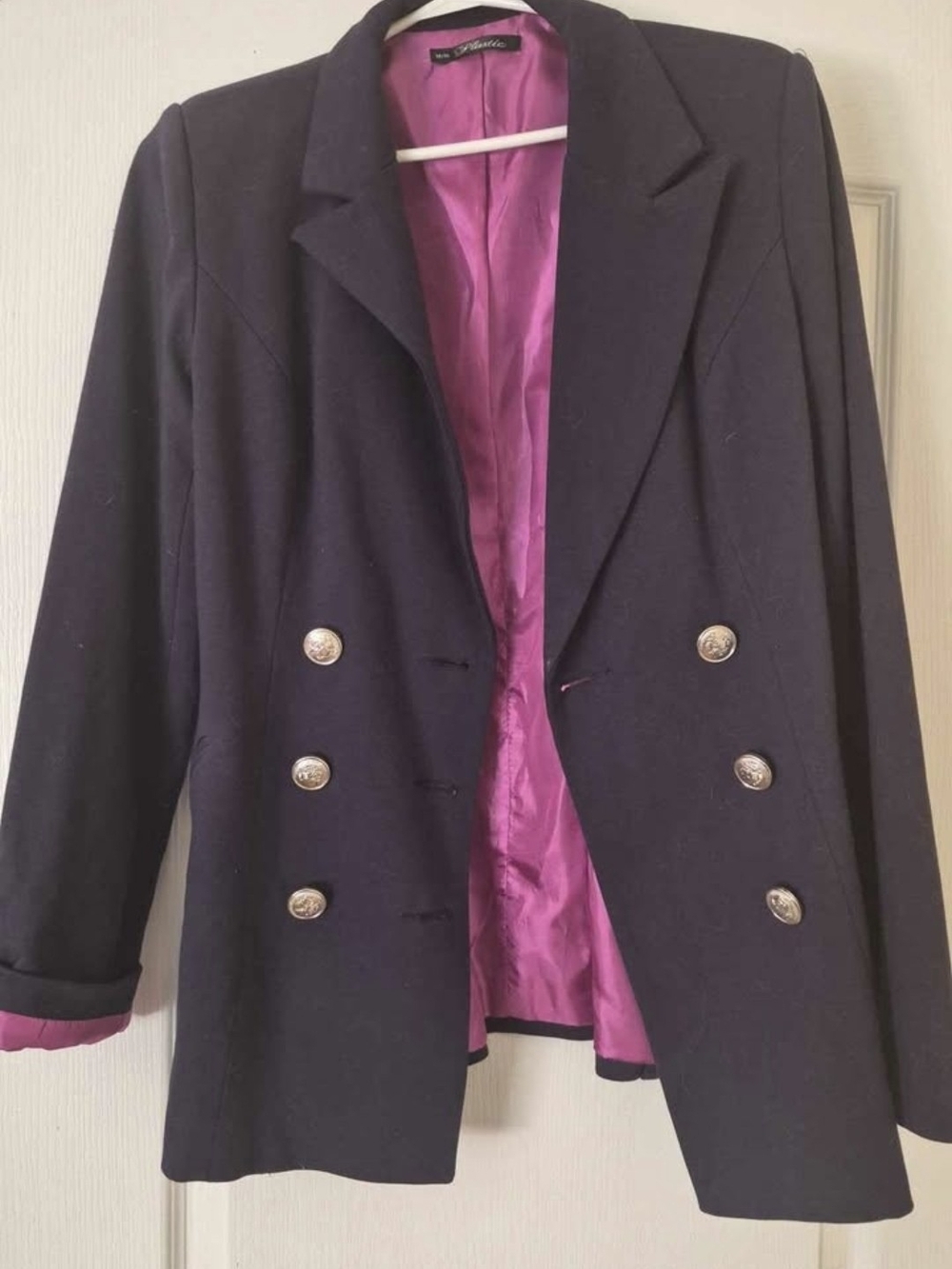 Double-Breasted Dark Blue Blazer with Pink Lining